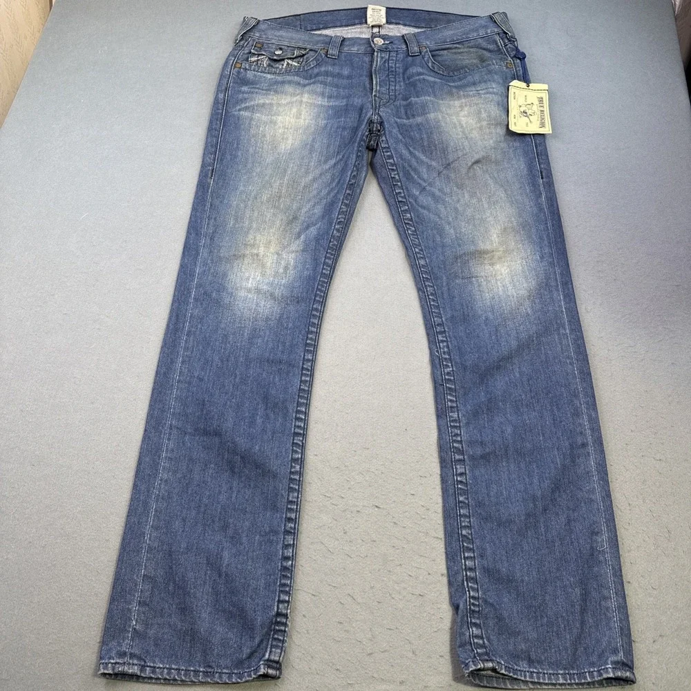 True Religion JEANS 36 Slim Fit Straight Blue Denim Flap Pockets Logo Button NWT